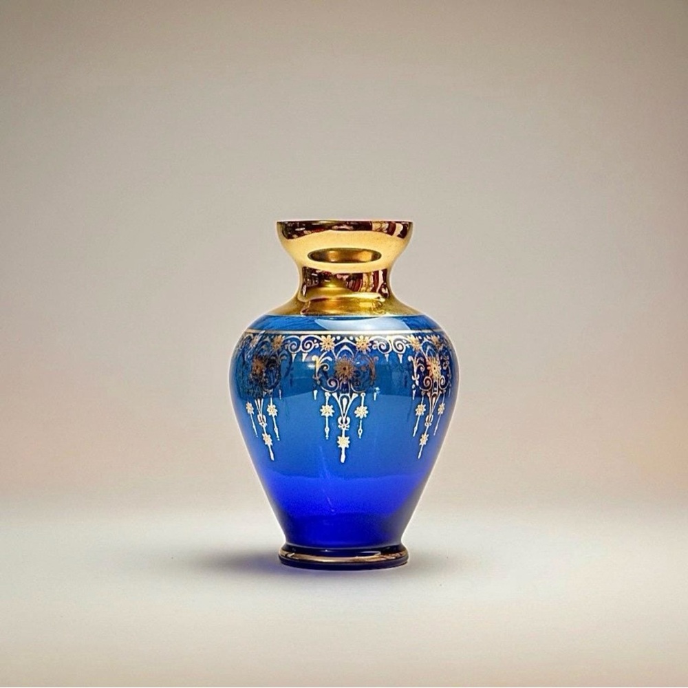 Murano Cobalt Blue and Gold Gilded Glass Vase, Vintage